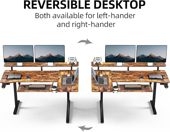 59 Inch L Shaped Standing Desk with Shelves and Keyboard, Electric Corner Standing Desk Adjustable Height, Sit Stand Computer Table with Reversiable Splice Board,Rustic Brown