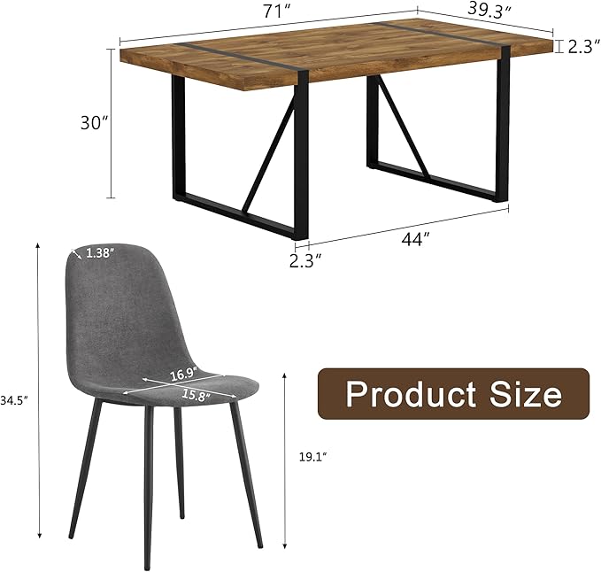 Dining Table Set for 6,Dinner Table Set for 6,71'' Dark Wood Kitchen Table and Suede Nap Fabic Chairs Set of 6,6 Chair Dining Table Set for Kitchen Dining Room