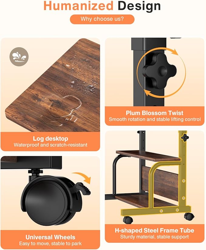 Portable Rolling Desk on Wheels Adjustable Height Desks for Small Spaces, 32" Computer Desk with Storage Shelves for Home Office Rustic