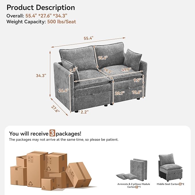 55" Cloud Modular Loveseat Sofa with Storage, Modern Upholstered Sofa Couch Small Love Seat,2 Seater Chenille Comfy Sectional Sofa with Armrests for Living Room, Small Space, Light Grey