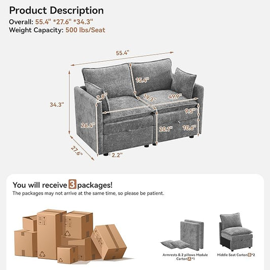 55" Cloud Modular Loveseat Sofa with Storage, Modern Upholstered Sofa Couch Small Love Seat,2 Seater Chenille Comfy Sectional Sofa with Armrests for Living Room, Small Space, Light Grey