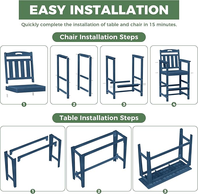 HDPE Outdoor Patio Bar Set with High Top Table and 2 Adirondack Chairs, All-Weather Bar Height Outside Rectangular Pub Furniture for Bistro, Garden, Backyard, Deck | 3-Pieces, Navy Blue