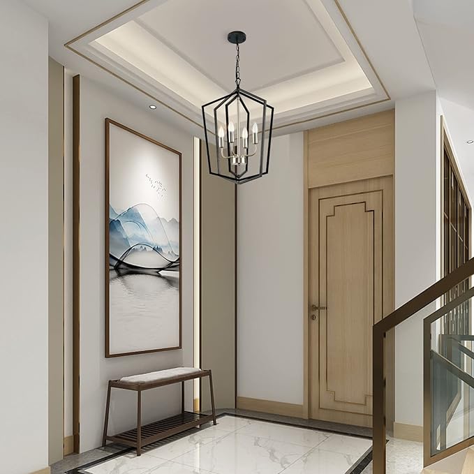 4-Light Farmhouse Chandelier for Dining Room, Modern Foyer Lighting Fixture, 18.1" Lantern Pendant Light, Kitchen Island Hanging Pendant Light Fixture, for Bedroom, Entryway Hallway