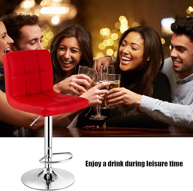 COSTWAY Bar Stools Set of 2, Modern Swivel Adjustable Height PU Leather Barstools with Back, Square Armless Counter Height 2-Pack Bar Chair for Kitchen Island Dining Living Bistro Pub Counter, Red