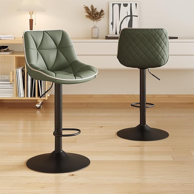 Nalupatio Bar Stools Set of 2, Adjustable Swivel Counter Height Bar Stools with Back, Armless Modern Barstools for Kitchen Island & Home Bar, Upholstered Seat,(Green)