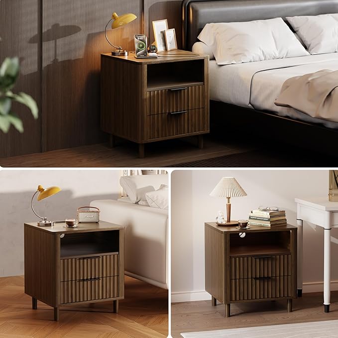 Fluted Nightstand with Charging Station, 2 Drawers Storage Bedside Table, Solid Wood Modern Nightstand with Open Shelf, Curved Profile Design, End Table for Indoor Room Bedroom Office, Walnut