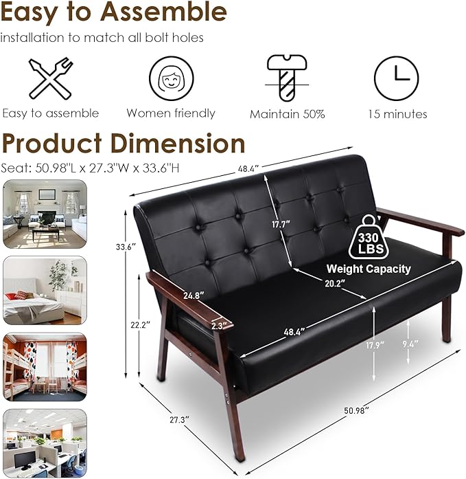STHOUYN Black Small Leather Couch for Office, Booth Seating 2 Person Waiting Room Bench Couch, Mid Century Modern Loveseat Wood Sofa (Black)