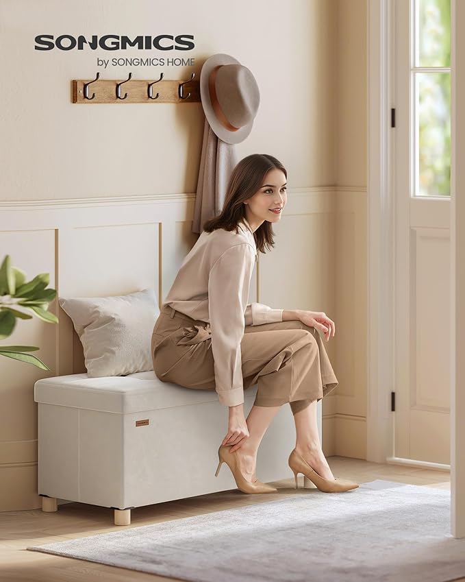 SONGMICS Storage Ottoman Bench, Folding Storage Chest, 15 x 30 x 15.2 Inches, Foot Rest Stool, 20 Gal. (77 L), Velvet Surface, for Bedroom, Entryway, Living Room, Cappuccino Beige ULSF0517W02