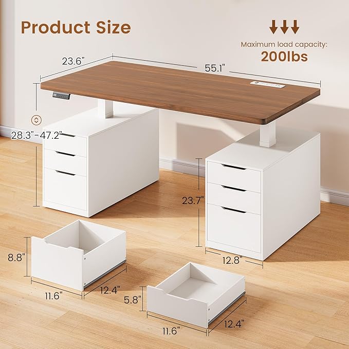 SEDETA Electric Standing Desk with 6 Drawers, 55" Adjustable Stand up Desk with Storage, Computer Desks with Power Outlets for Home Office, White
