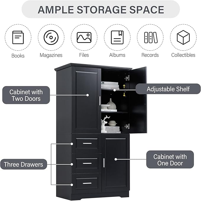 Merax 62.2" Wide Storage Cabinet Pantry Cupboard with Doors and Drawers for Home Kitchen, Bathroom and Living Room, Adjustable Shelf, Black