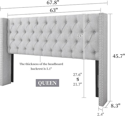 Lucky Monet Linen Upholstered Headboard Queen Size (Headboard Only), Nail Head Trim Wingback Tufted Button Headboard Luxury Soft Padded Head Board with Durable Metal Legs, Adjustable Height, Grey
