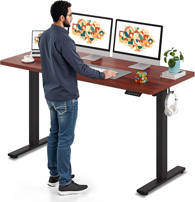 SANODESK Electric Standing Desk 60 x 24 Inches Whole-Piece Desktop Height Adjustable Stand Up Desk w/6-Button Controller Ergonomic Computer Desk for Home Office, Black Frame + Mahogany Tabletop