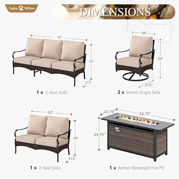 Sophia & William Patio Furniture Set with Fire Pit Table, 5 PCS Metal Outdoor Conversation Set with Fire Pit Table, 2 Swivel Chairs,1 Loveseat, 3-Seater Couch for Outdoor Seating, Backyard, Porch