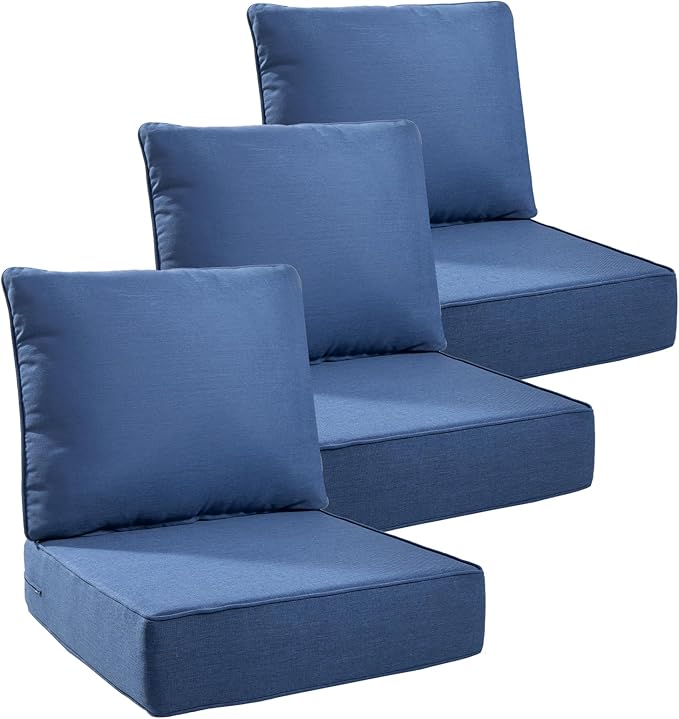 Luxury 6" Outdoor Cushions for Patio Furniture, 24x24x6" Thick Seat Cushion Set of 3, Fade Resistant Couch Chair Replacement Cushions High Density Deep Wicker Chair Cushion w/ Removable Cover, Blue