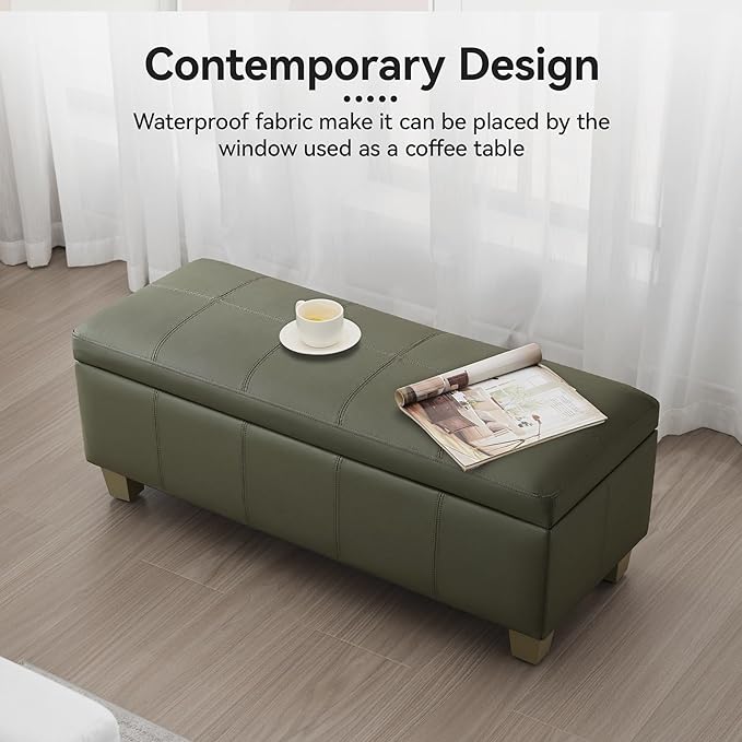 41" Faux Leather Storage Ottoman, Stitch Tufted Rectangle Upholstered End of Bed Storage Bench, Entryway Large Couch Ottoman with Wooden Legs,Green