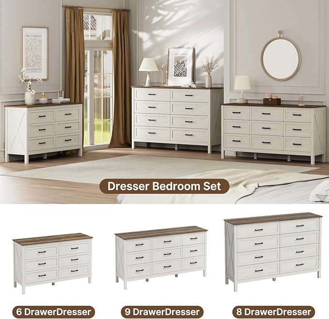 LYNSOM Farmhouse 6 Drawers Dresser for Bedroom, Wood Rustic Wide Chest of Drawers with Deep Drawers, Metal Handle, Storage Dressers Organizer for Entryway, Hallway, Antique White