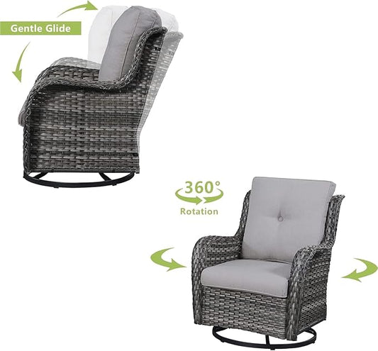 HUMMUH 3-Piece Swivel Rocking Rattan Chair Outdoor, Patio Bistro Furniture Conversation Set with Cover, Cushioned Wicker Chair with Glass Coffee Table(Grey, Grey)