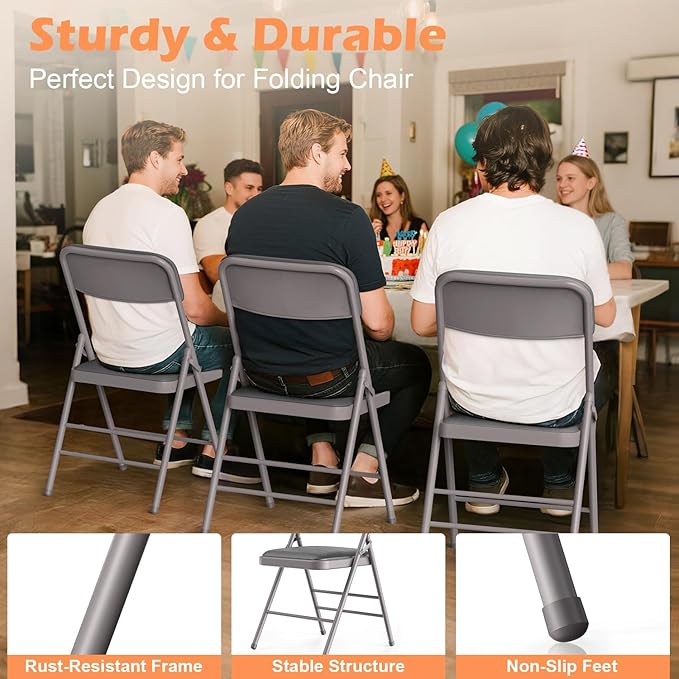 Folding Chairs 4 Pack with Padded Cushion and Back, Metal Folding Chairs with Comfortable Cushion and Durable Steel Frame Capacity for Home, Office, Party and Outdoor Events (PU-Grey, 4 Pack)