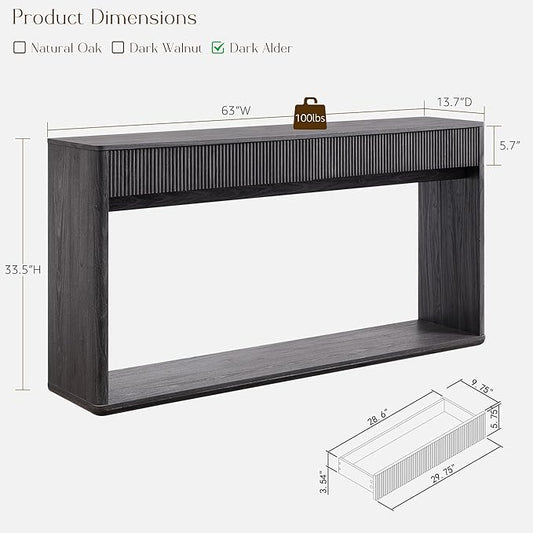 OKD 63" Fluted Console Table for Entryway, Modern Entryway Table with 2 Large Drawers, Long Sofa Table Behind Couch for Living Room, Hallway, Couch, Foyer,Dark Alder
