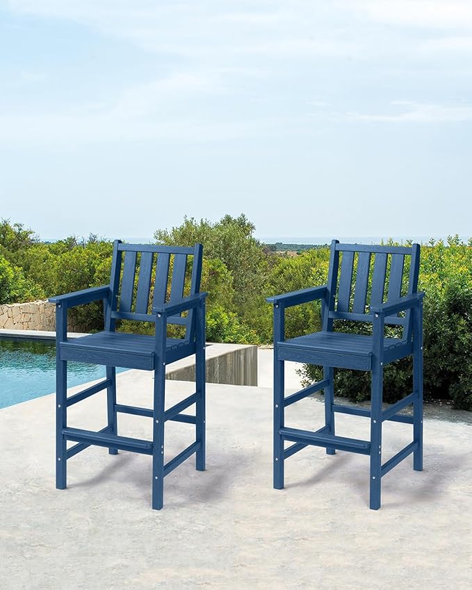 Adirondack Bar Chair Set of 2, HDPE Tall Adirondack Chairs Bar Stools with Footrest, Outdoor Bar Height Stool Chair Set, HDPE Patio Barstools Set for Poolside, Balcony, Garden, Navy