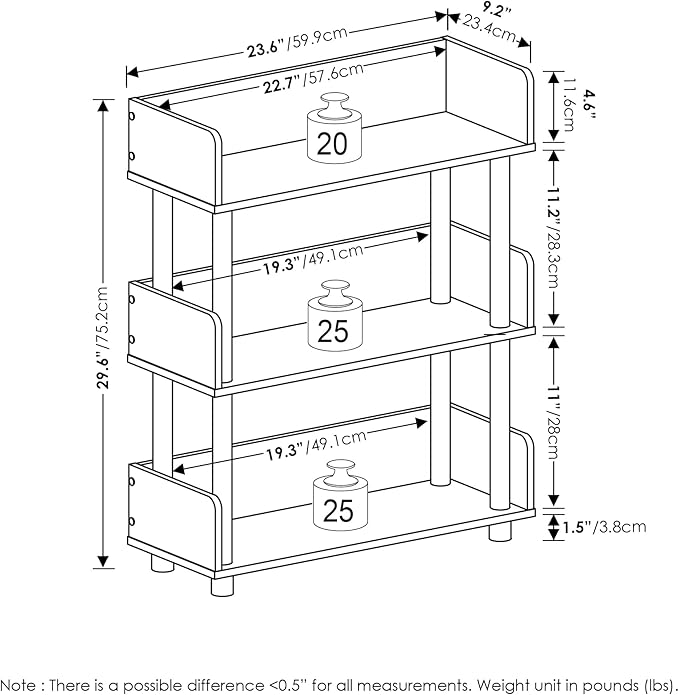 Furinno TURN-N-TUBE 3-Tier Display Shelf, Storage Shelves, Book Shelf, Open Shelves with Rounded Corner Top Edges, for Organization and Storage, Living Room, Home Office, French Oak