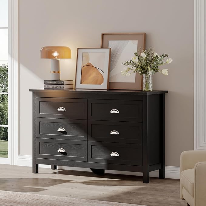 Black Dresser for Bedroom, Farmhouse 6 Drawer Double Dresser with Vintage Antique Handles, Modern Dressers and Chest of Drawers for Bedroom