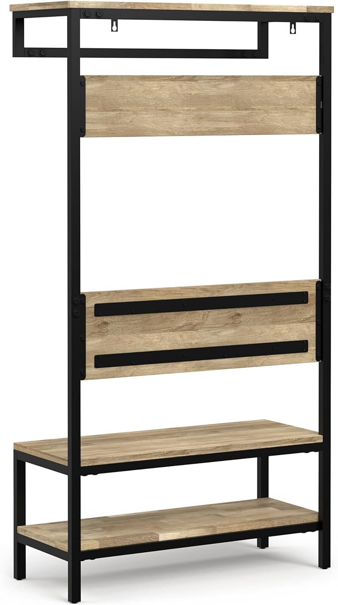 SIMPLIHOME Westmont Hall Tree Bench - 40 inch Wide Solid Mango Wood Entryway Seat in Natural, Industrial Bench for Entryway or Hallway with Metal Frame, Coat Hooks and Open Shelf