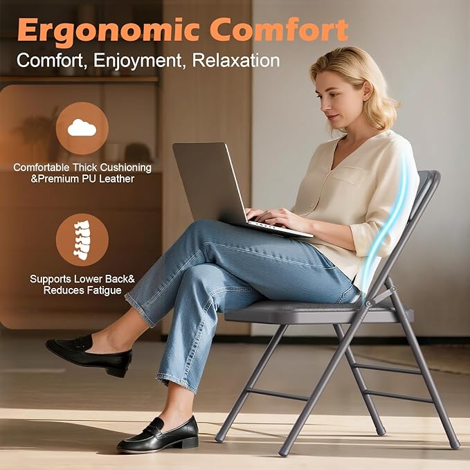 Commercial Grade Folding Chair with Padded Fabric Cushion(16"X16" |Double-hinged Legs Luxury Style|4.5kg Capacity Max Weight 150Kg for Home and Office,Indoor and Outdoor Events (2, PU-Gray)