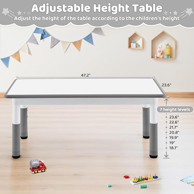 Toddler Table, 7 Level Height Adjustable Kids Play Furniture for Ages 3-8, Rectangular Plastic, 23.6" W x47.2 L, Multi-Activity Desk with Graffiti Desktop for Home & Daycare