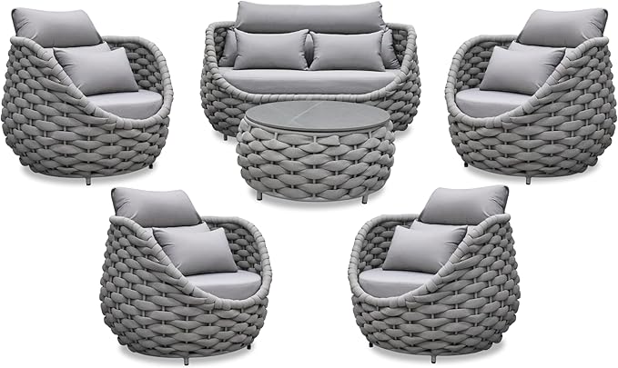 Rope Outdoor Patio Furniture Set: 6 Pieces Aluminum Porch Conversation Sofa Set - Modern Hand Woven Deck Couch Set Cushioned - No Assembly All Weather for 660lbs Yard Garden Lanai Hotel, Gray