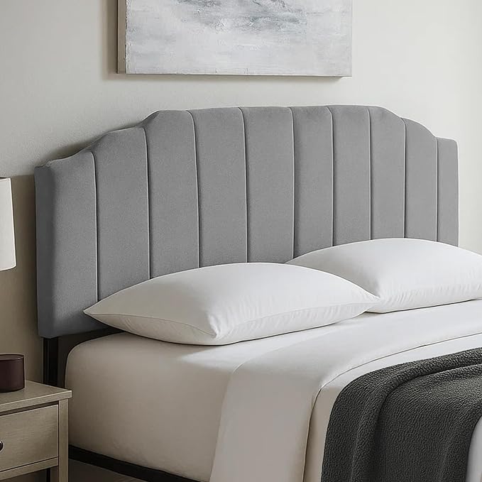 Upholstered Headboard Adjustable Height Queen/King Headboard Cream Velvet Tufted Modern Vertical Channel Design with Stepped Silhouette Top Edge(Grey Queen)