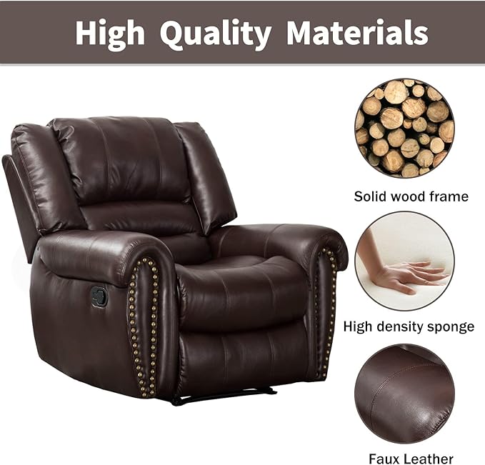 CANMOV Leather Recliner Chair Set of 2, Classic and Traditional Manual Recliner Chair with Comfortable Arms and Back,Manual Single Recliner Sofa for Living Room, Brown