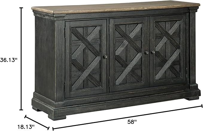 Signature Design by Ashley Tyler Creek Vintage Casual Dining Room Buffet Cabinet or Server with 3 Doors and Lattice Design, Wood, 36" High, Black & Gray