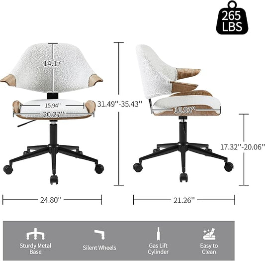Art Leon Swivel Desk Chair, Mid Century Modern Office Chair with Wheels, Boucle Fabric Upholstered Arm Chair, Adjustable Height Task Chair with Metal Base, Washed Oak Bentwood, White