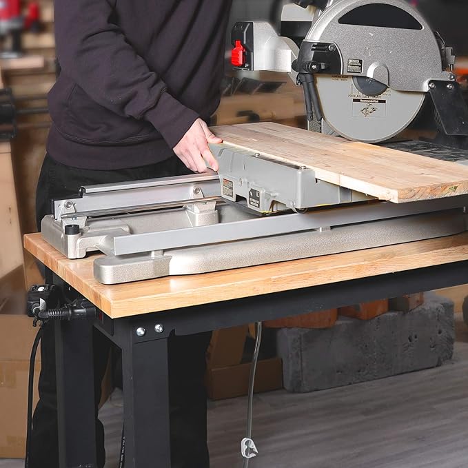 WORKPRO 48" Adjustable Workbench, Rubber Wood Top Heavy-Duty Workstation, 2000 LBS Load Capacity Hardwood Worktable with Power Outlets, for Workshop, Garage