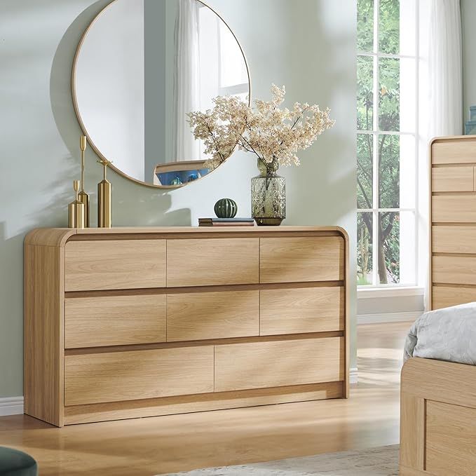 Modern 8 Drawers Dresser for Bedroom, 55" Wide Dressers & Chest of Drawers w/Curved Profile Design, Wood Mid Century Storage Dressers Organizer for Bedroom, Living Room, Natural Oak
