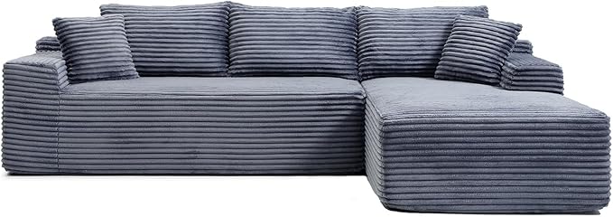 108 Inch Cloud Sectional Couch,Modern Modular Sectional Sofa with Deep Seat,Corduroy Boneless Couches with L-Shape Chaise for Living Room,No Assembly Required (Grey, Right Facing Chaise)
