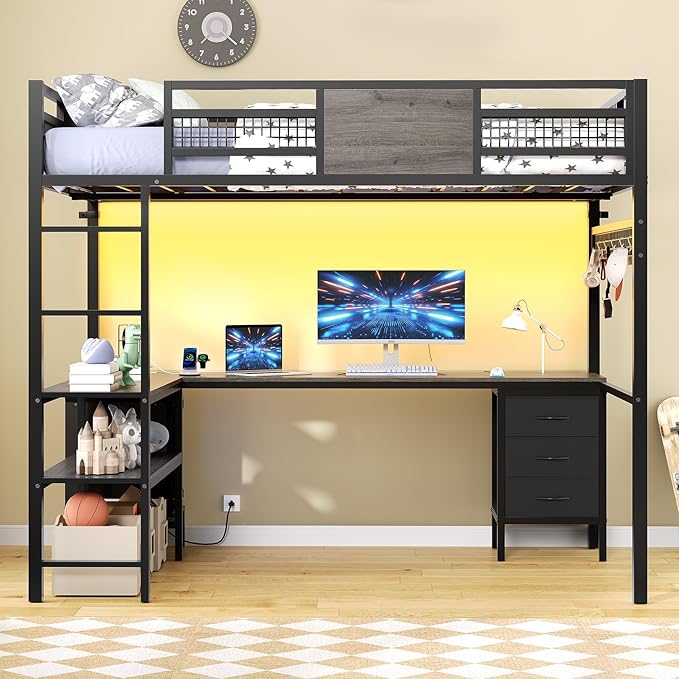 ADORNEVE Loft Bed Full Size with L-Shaped Desk, 3 Storage Drawers, Power Outlet, 3 Storage Shelves, Metal Loft Bed Frame with RGB Lights, Bed with Safety Guardrail & Ladders,Space-Saving, Grey