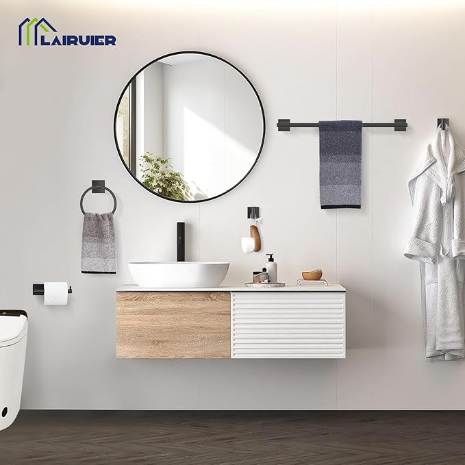 5 Pieces Bathroom Hardware Set Matte Black Towel Bar Set Includes 23.6” Towel Bar, Towel Ring Holder, Toilet Paper Holder and Two Towel Hooks, Bathroom Accessories Set SUS304 Wall Mounted