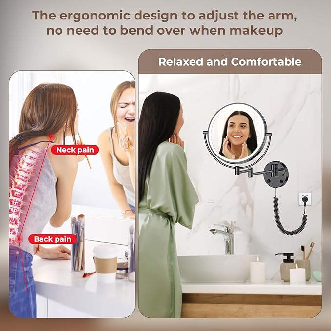 Rocollos 9" Plug-in Wall Mounted Lighted Makeup Mirror 1X/10X Magnification, Super Large Double Sided LED Vanity Mirror for Bathroom (Black)