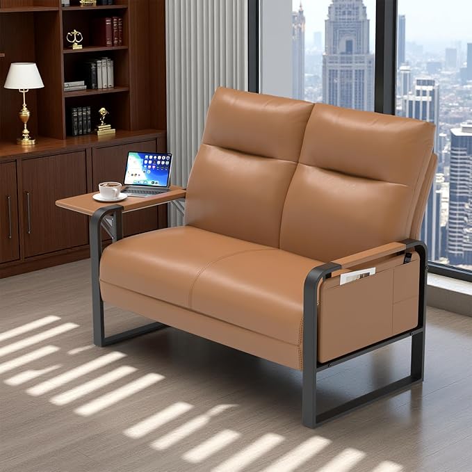 Modern Leather Loveseat, Small Sofa with Side Tray & Pocket, Upholstered Mini Couch for Living Room, Office, Guest Room, Brown