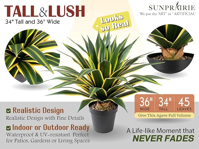 SUNPRAIRIE 34 Inch Tall Large Artificial Agave Plant in Pot with 45 Leaves, Forest Green with Yellow-Edges. Outdoor and Indoor Faux Plants.