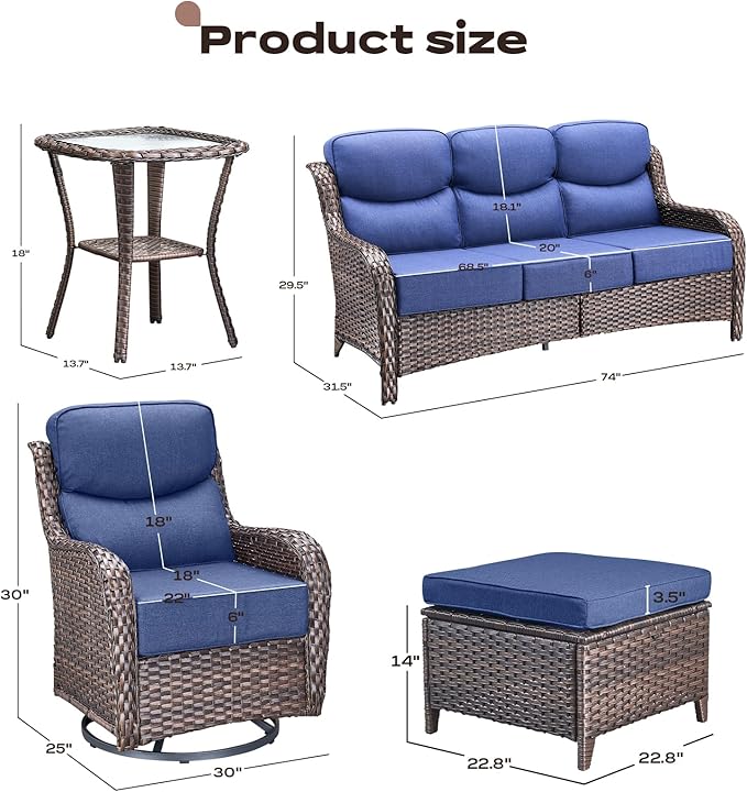 Rilyson Wicker Outdoor Patio Furniture Set - 6 Piece Patio Conversation Sets with Swivel Rocker Chairs, Ottomans, Sofa and Side Table, 6 inch Cushions, Waterproof Wicker, for Porch Deck Brown/Blue