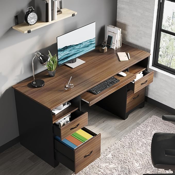 Bestier 59” Computer Desk with 4 Drawers, Office Desk with Storage, Industrial Executive Desk with File Drawer, Keyboard Tray & 2 Pedestals for Home Office & Studio, Cherry