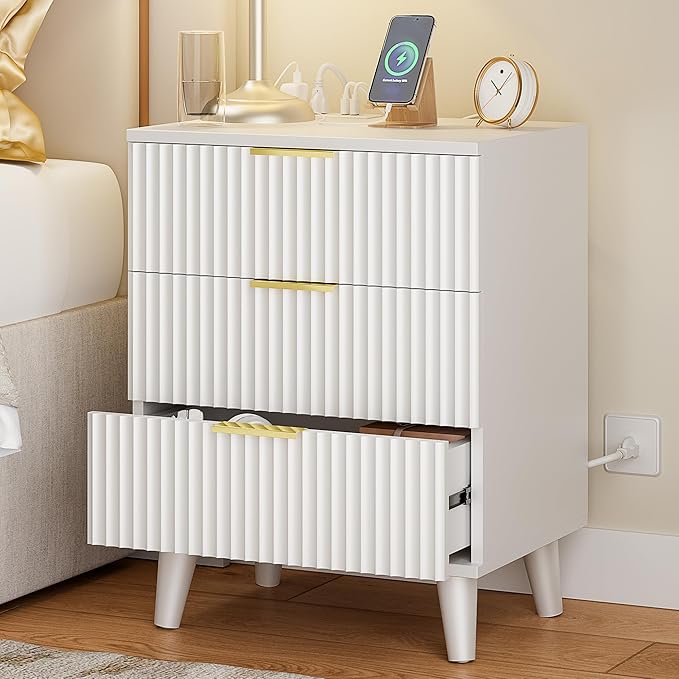 Lulive Wood 3 Drawers Dresser Fluted Night Stand with Charging Station, White Storage Nightstand Modern Side Table, Bedside Table for Bedroom, Entryway White