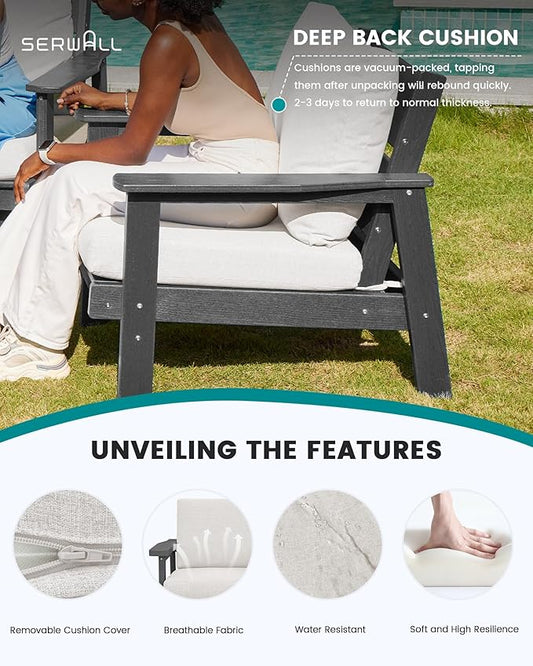 SERWALL Patio Furniture Set with 33” Fire Pit Table, HDPE Outdoor Sectional Sofa Set with Thickened Cushions, Grey Frame with Khaki Cushions