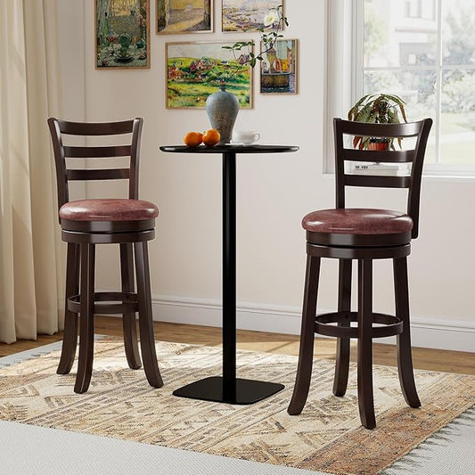 COSTWAY 30” Bar Height Stools Set of 4, Swivel l High-Top Chairs with Backrest & Faux Leather Padded Seat, Rubber Wood Barstools with Footrest for Kitchen, Dining Room, Pub (4,30'')