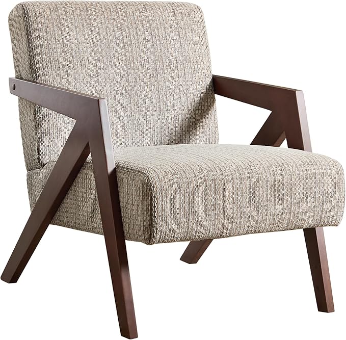 Bonzy Home Mid-Century Modern Accent Chair with Wood Frame, Upholstered Armchair for Bedroom & Living Room, Linen Fabric Cushion, Z-Shaped Armrest Design, Sturdy Lounge Chair,Brown