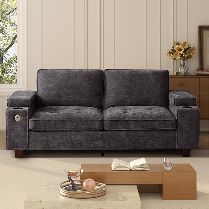 84" Loveseat Couch for Living Room,Modern Chenille Upholstered Sofa with Adjustable Storage Armrest,Cup Holders,USB & Type-C Ports,Solid Wood 2-Seater Loveseat Sofa for Apartment(Deep Gray)