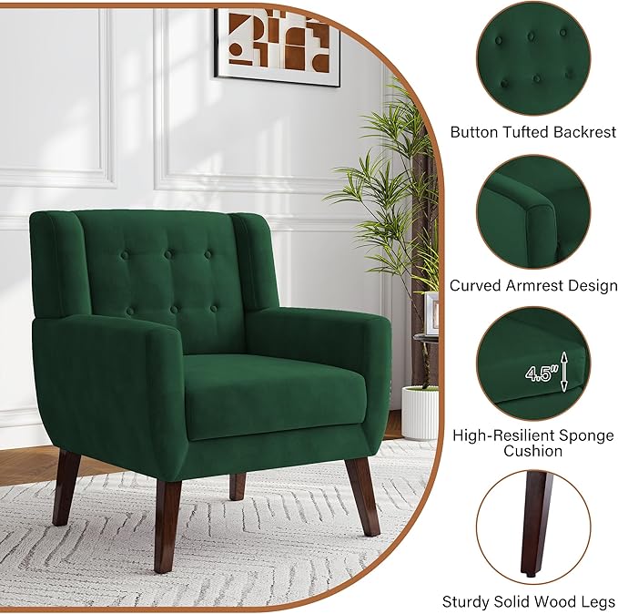 Lumibee Accent Chair, Modern Velevet Armchair for Living Room, Comfy Upholstered Arm Chair Tufted for Indoor Bedroom Office Room (Retro Green Velvet)